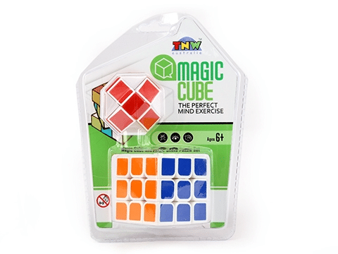 Magic cube puzzle and mini snake puzzle in blister pack, showing multicolor square tiles