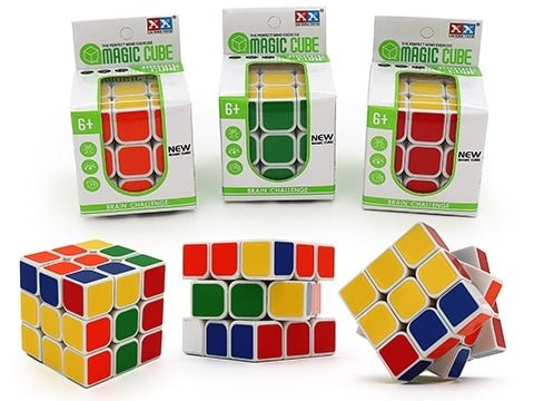 Magic cube puzzle set with boxed 5.8cm cube and three colorful cube views