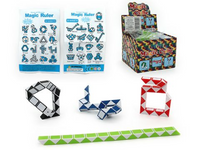 Boxed cube snake puzzle set with sample snake shapes in black, blue, red, green