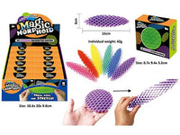 Purple stretchy mesh strip toy, bent into a fan shape with display box