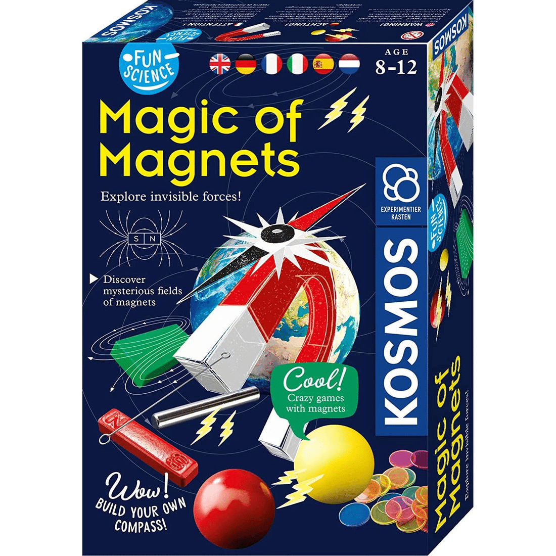 Magnet experiment kit box with colorful artwork and planet compass magnet design