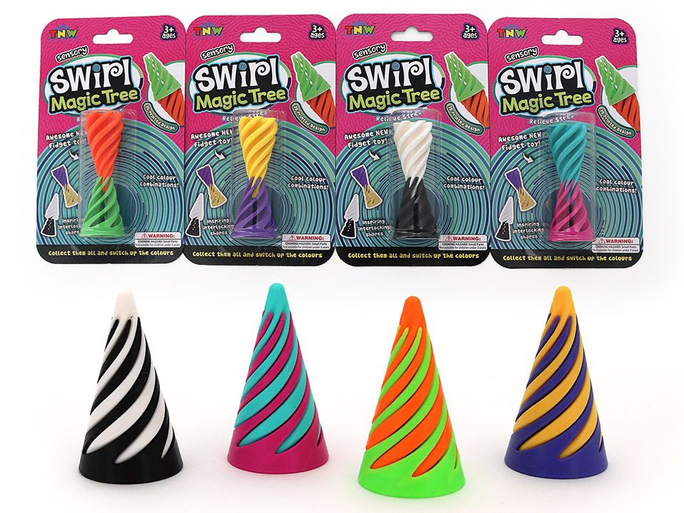 Swirl magic tree fidget toy, striped in black, teal/pink, orange/green, blue/yellow.