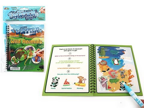 Magic water art book with wild animal scenes and pen, open pages with colorful illustrations