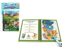 Magic water art book with wild animal scenes and pen, open pages with colorful illustrations