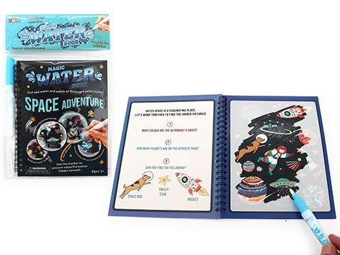 Magic water book space adventure, open with water pen and space scenes