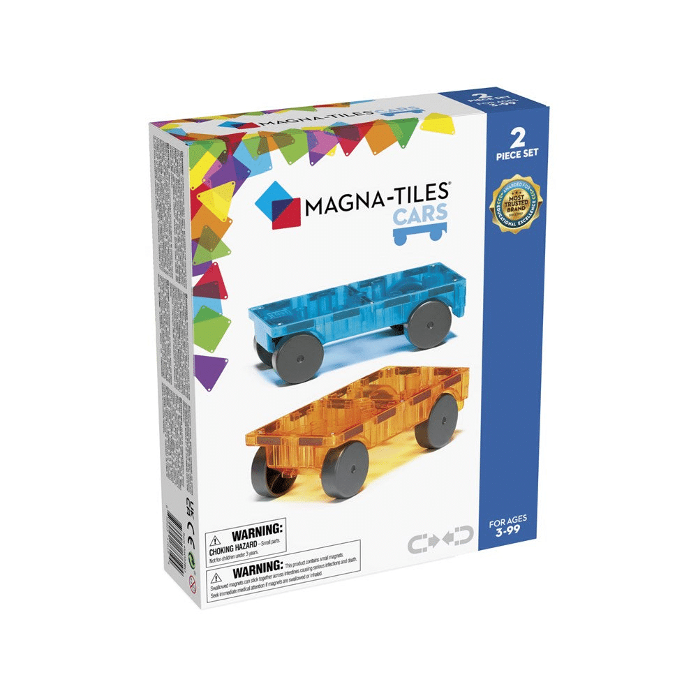 Magna-Tiles Cars 2-piece expansion set box with blue and orange vehicle tiles