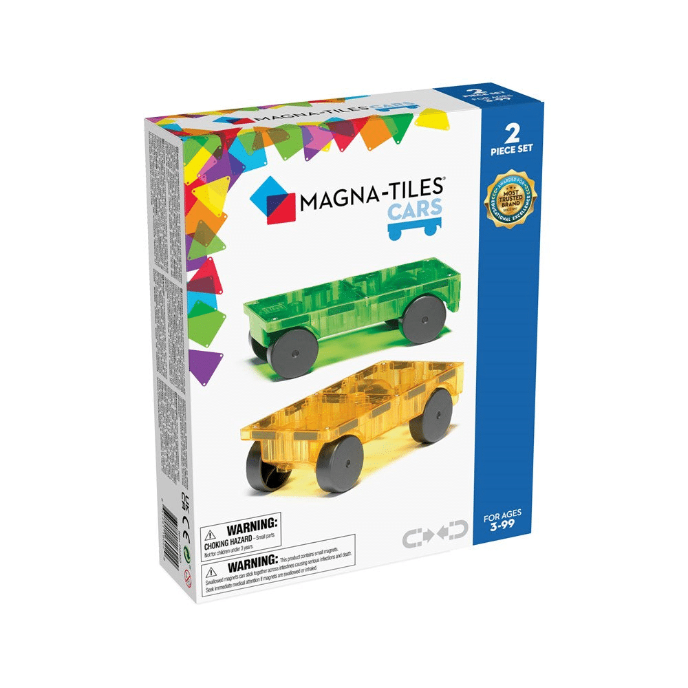Magna-Tiles Cars 2-piece expansion set box with green and yellow car pieces