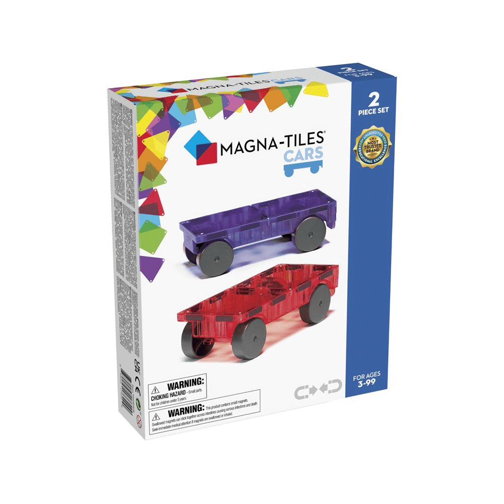 Magna-Tiles Cars 2-piece expansion set in purple and red, boxed.