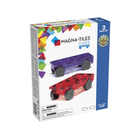 Magna-Tiles Cars 2-piece expansion set in purple and red, boxed.
