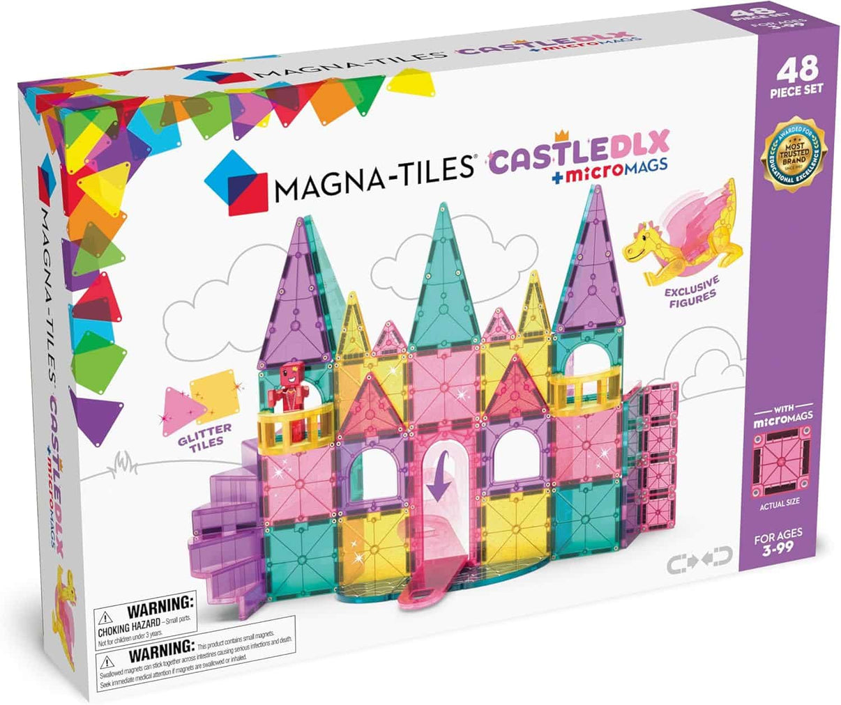 Castle construction toy box with colorful translucent magnetic tile pieces