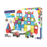 Magnetic tile construction set box with colorful city center building and tracks