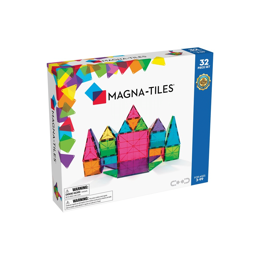 Magna-Tiles Classic 32-piece building set box, showing colorful triangular tile designs