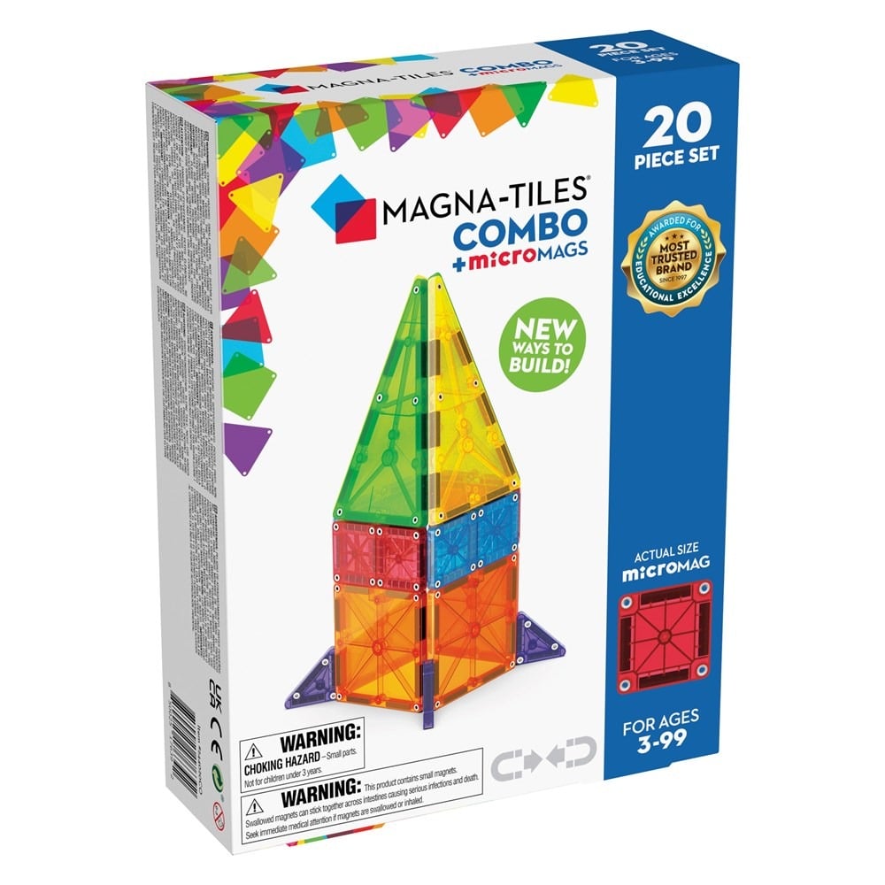 Magna-Tiles Combo + microMAGS 20-piece set box, blue packaging