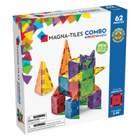 Magna Tiles combo box with multicolor translucent building pieces, 62 piece set