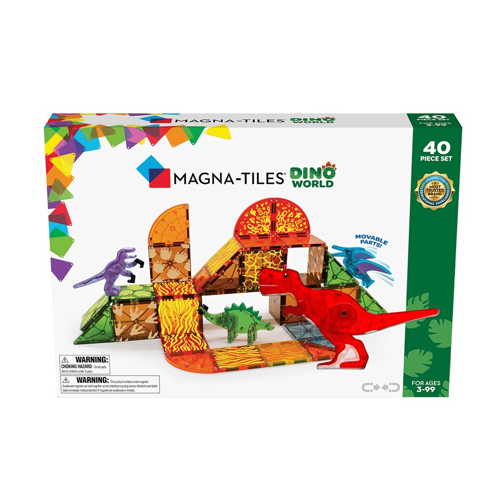 Dino World 40-piece magnetic tile set box with dinosaur pieces