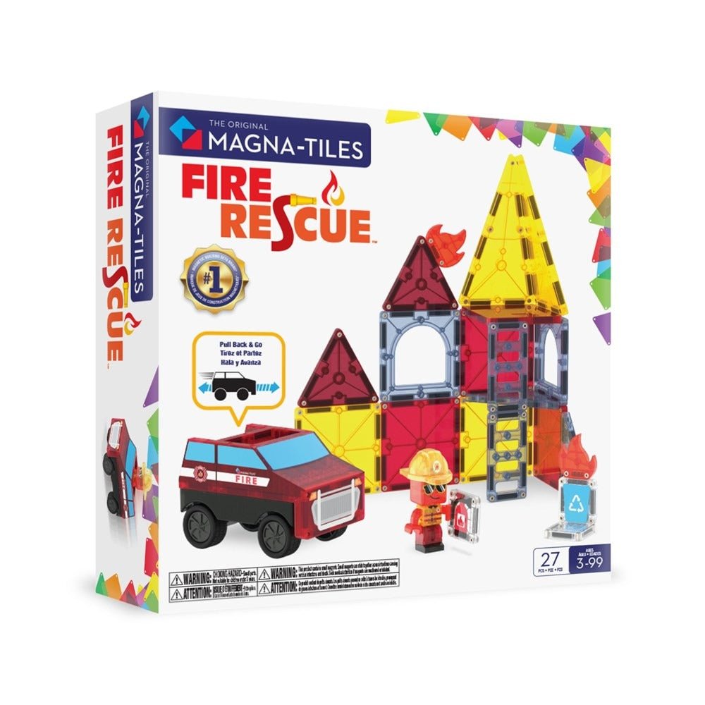 MAGNA-TILES Fire Rescue 27-piece magnetic construction set box, with vehicles and building