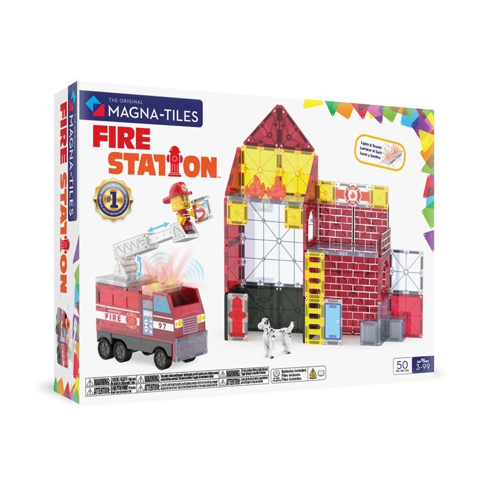 Fire station magnetic construction set box with fire truck and buildings, 50-piece
