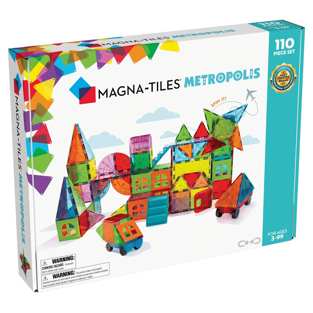 110-piece magnetic tile building set box with colorful city buildings and vehicles