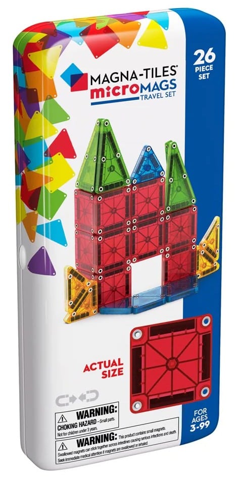 Magna-Tiles microMAGS travel set box, 26-piece, blue with colorful panels