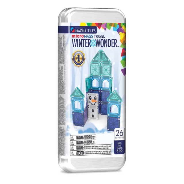 Clear travel case of teal and blue magnetic tiles with winter wonder house label
