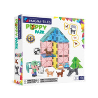 Magnetic construction set box with color tiles and dog-themed animal pieces