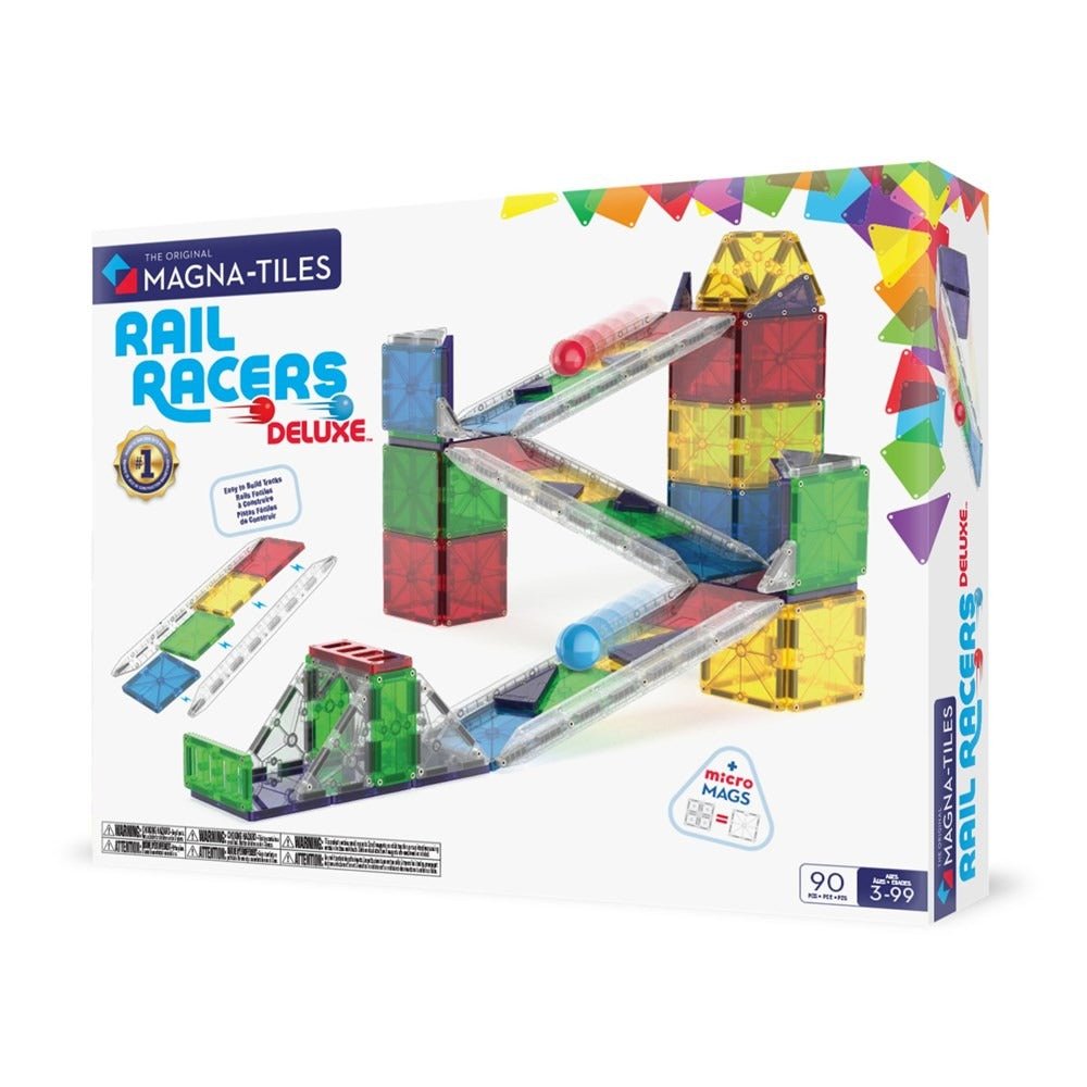 Magna-Tiles magnetic rail construction set box with multicolor track and blocks