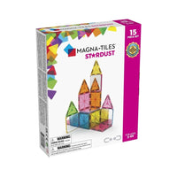 Magna-Tiles Stardust 15-piece tile set box with colorful geometric pieces