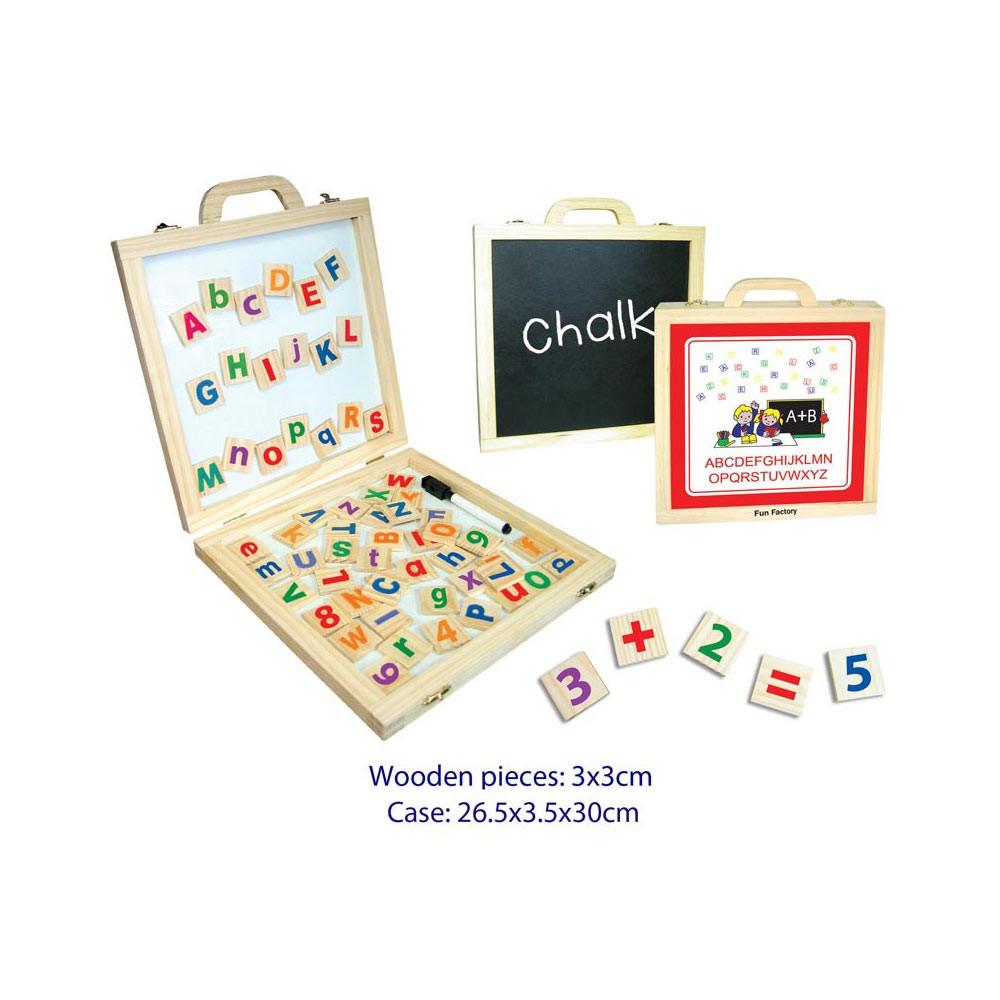 Wooden magnetic activity case with alphabet tiles and chalk board