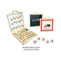 Wooden magnetic activity case with alphabet tiles and chalk board