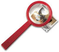 Red magnifying lens with round glass and long handle