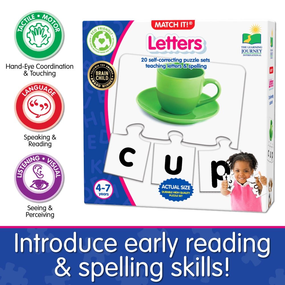 Self-correcting letter jigsaw puzzle set box with green cup and black letter tiles