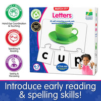 Self-correcting letter jigsaw puzzle set box with green cup and black letter tiles
