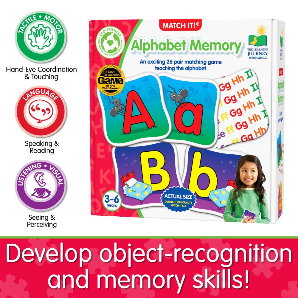 Alphabet memory matching board game box with letter tiles A, a, B, b
