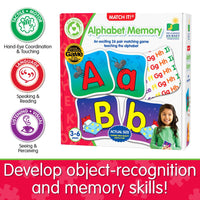 Alphabet memory matching board game box with letter tiles A, a, B, b