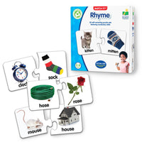 Rhyme matching puzzle set box with picture cards: kitten, mitten, sock, hose, rose, house.