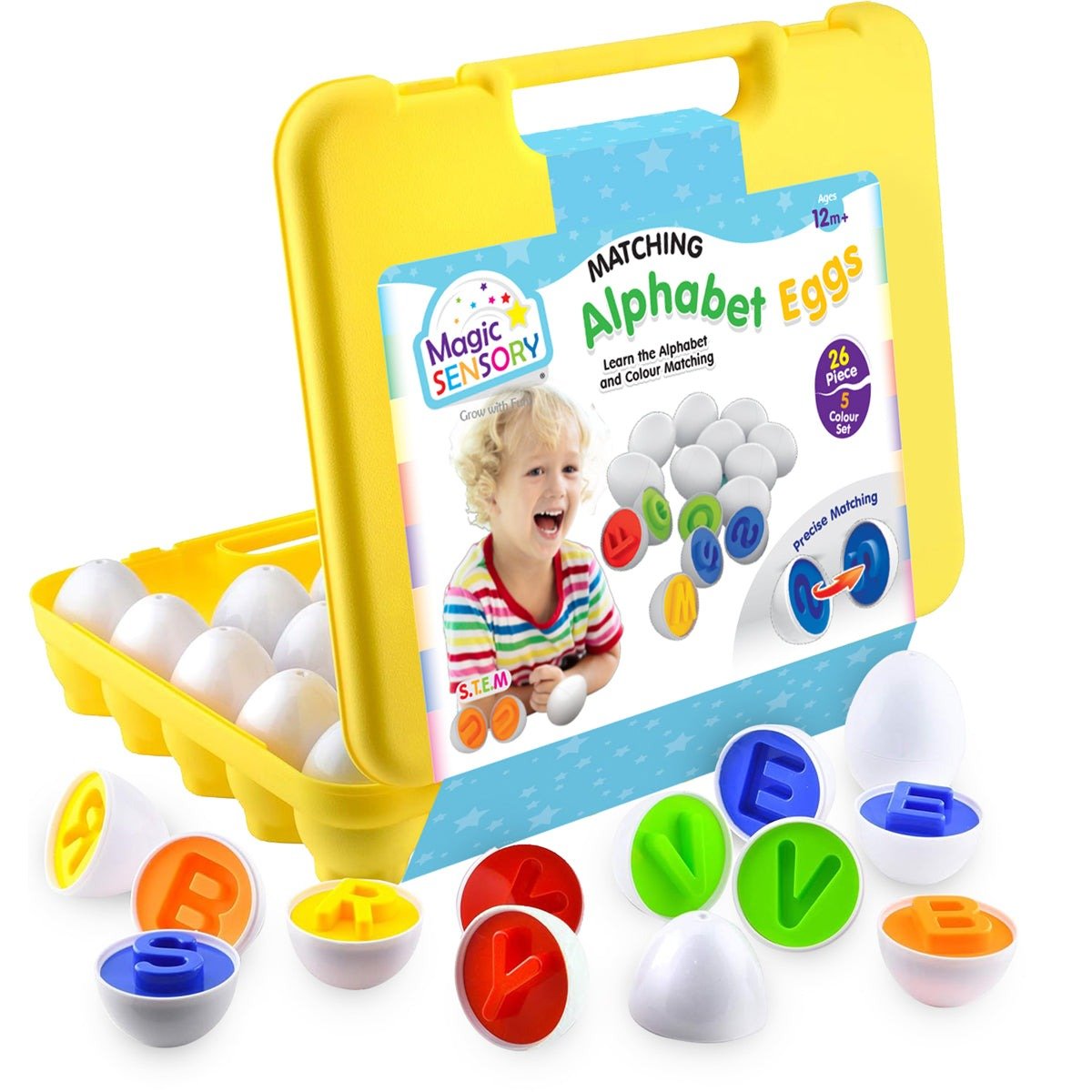 Alphabet egg set in a yellow storage tray with colorful letter insert caps