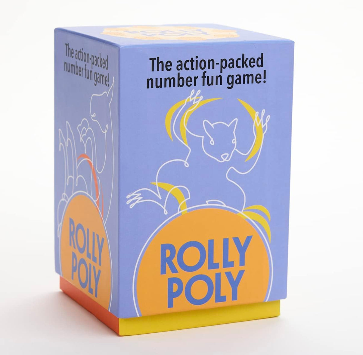 Rolly Poly game box with blue front and cat dice graphic