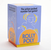 Rolly Poly game box with blue front and cat dice graphic