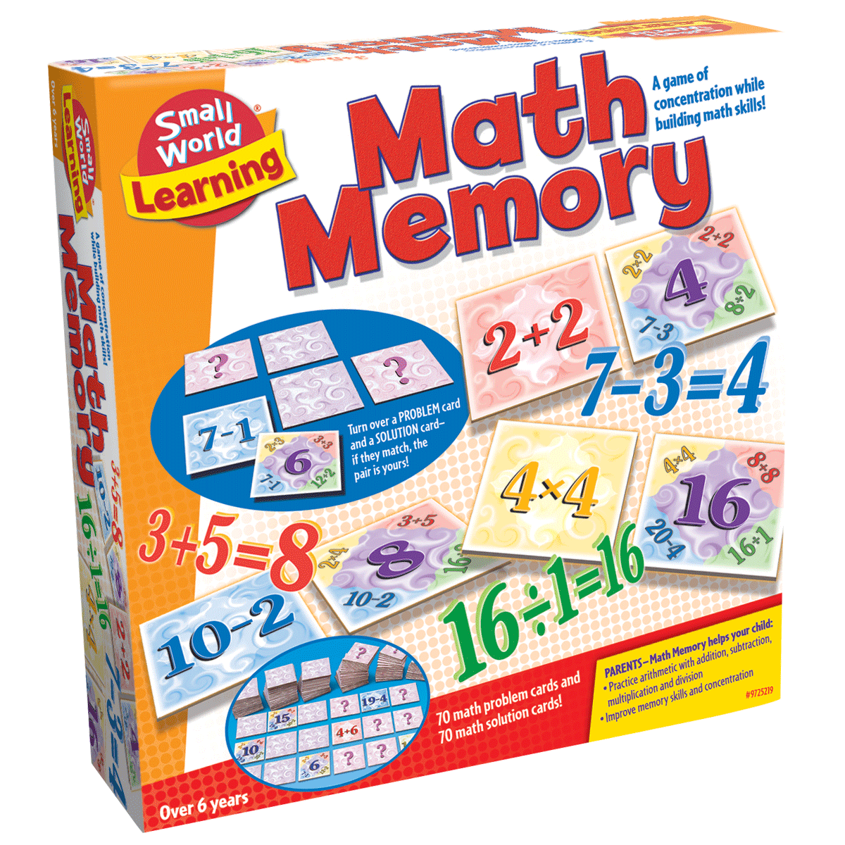 Math Memory board game box with number tiles and math problem cards