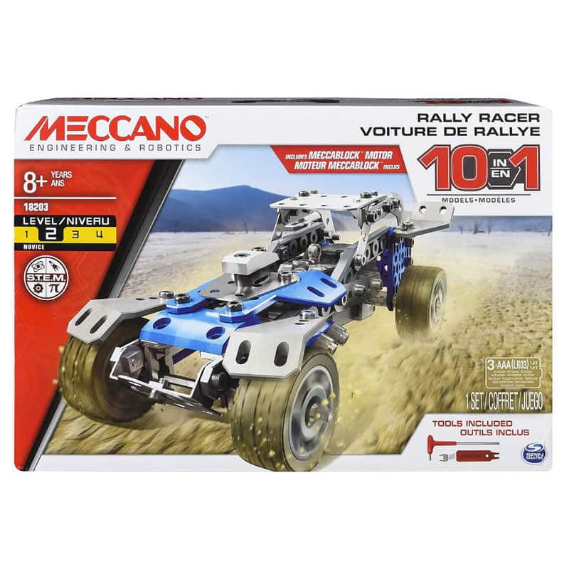 Meccano motorized truck model kit in blue and white with big rally tires