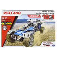 Meccano motorized truck model kit in blue and white with big rally tires