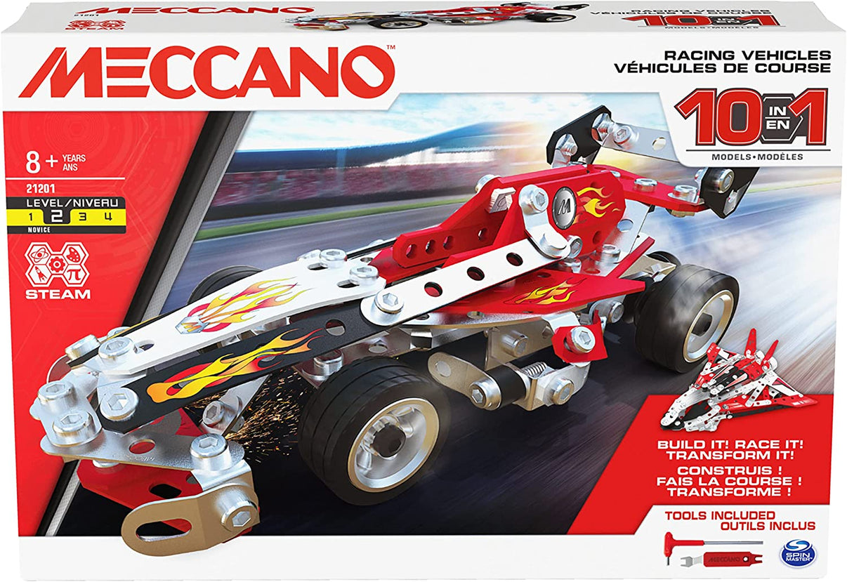 Meccano racing vehicle building kit box with red model vehicle and 10-in-1 design