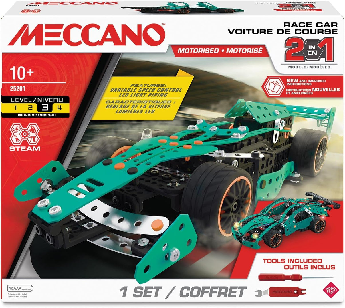 Meccano 2-in-1 race car building set box showing teal mechanical car model