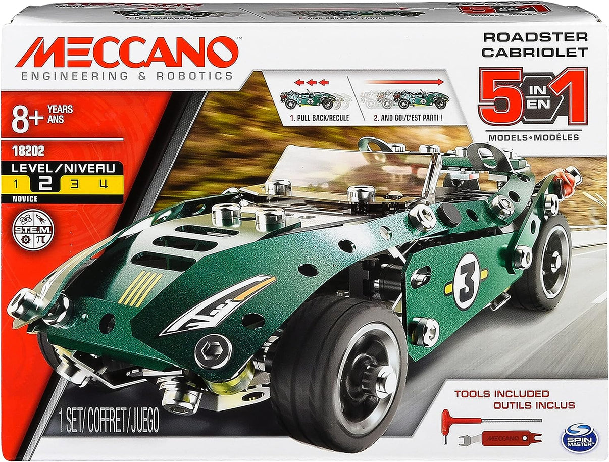 Meccano Roadster Cabriolet 5-in-1 model car kit box, green car pictured