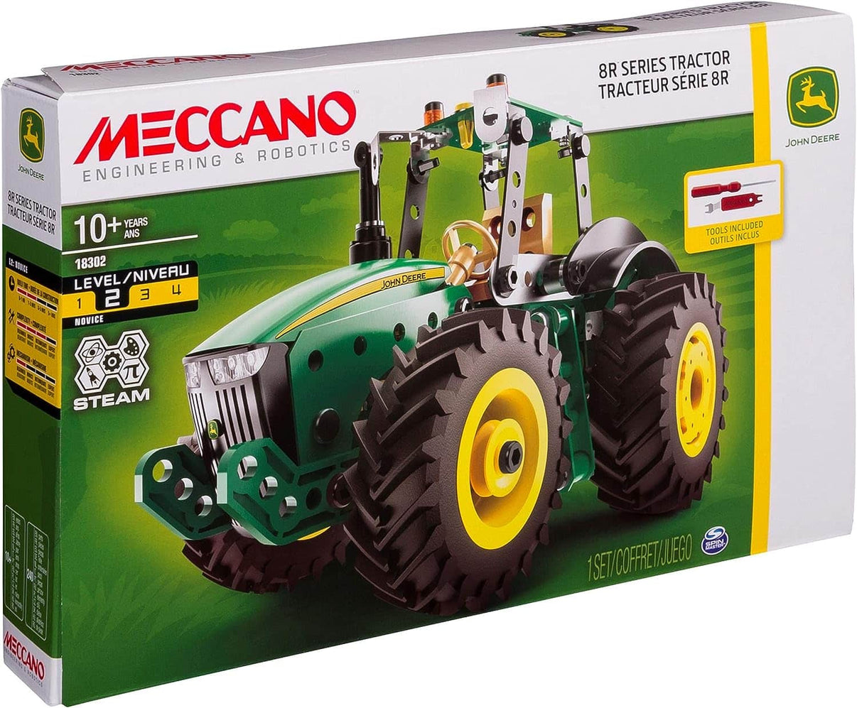 Meccano John Deere tractor model box with green and yellow 8R artwork