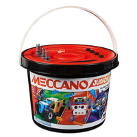 Meccano Junior building bucket with red lid, black base, and molded starter tray