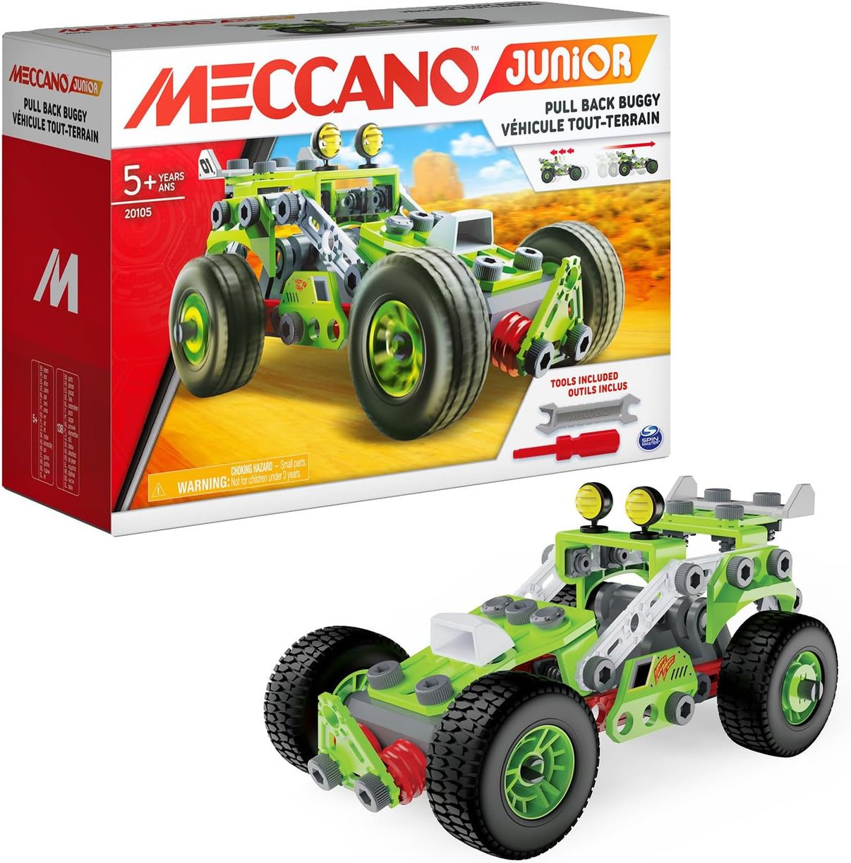 Meccano Junior pull-back buggy building set box with green assembled buggy and tools