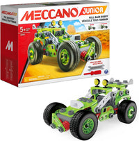 Meccano Junior pull-back buggy building set box with green assembled buggy and tools