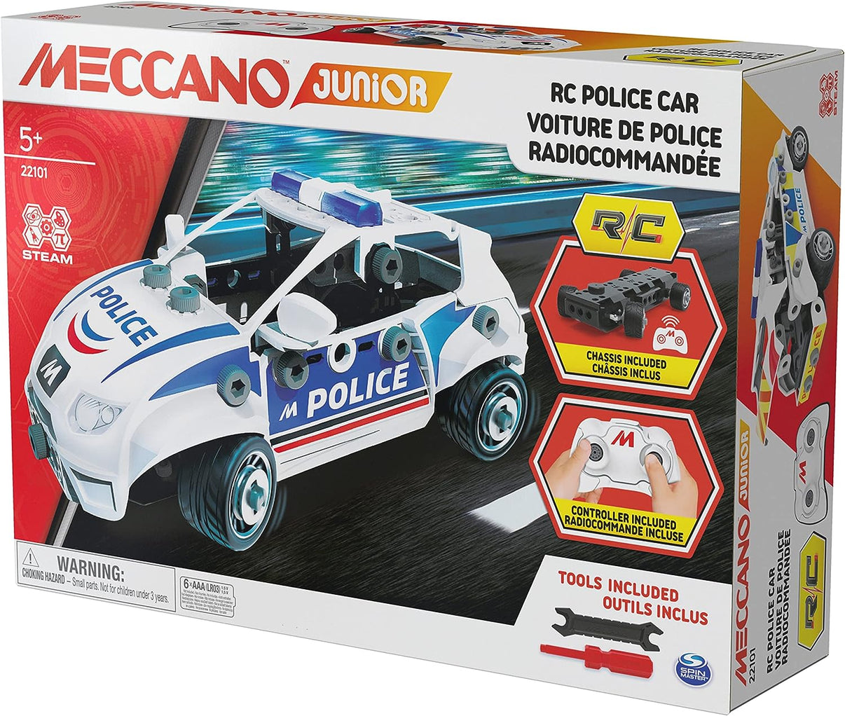 Junior RC police car toy, white with blue accents, open cockpit and wheels