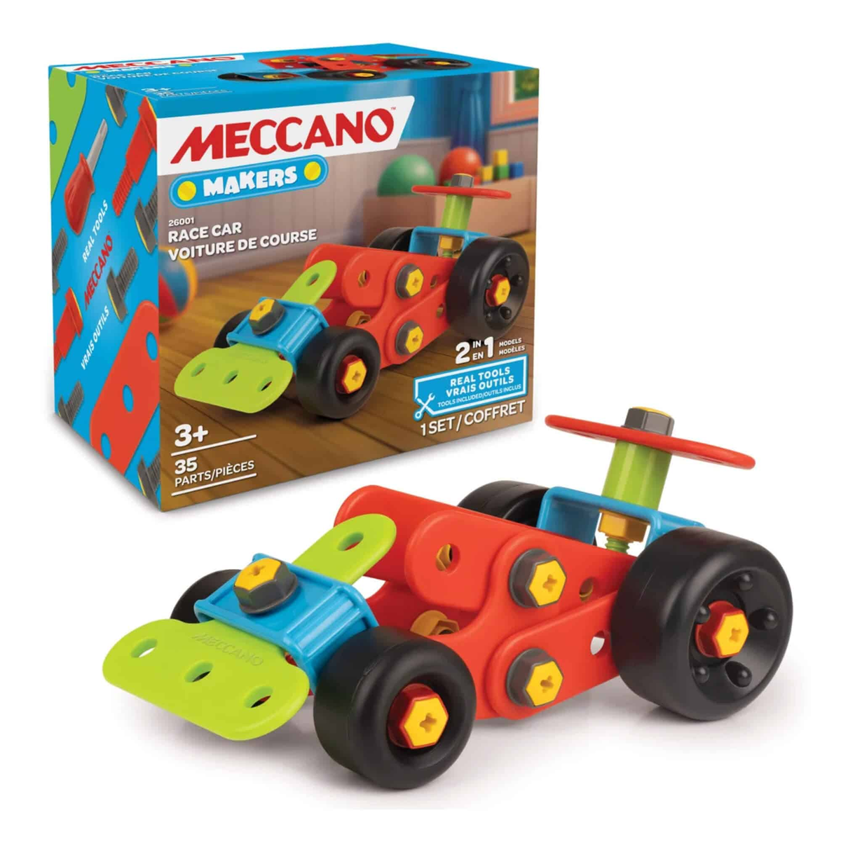 Meccano 2-in-1 race car building set box with assembled red-and-green car